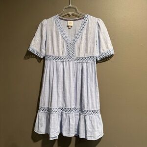 Knox Rose Dress Blue Eyelet  100% Cotton Boho Short Sleeve Dress Size Small